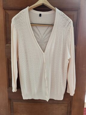 Light Pink Open-Knit V-Neck Button Cardigan